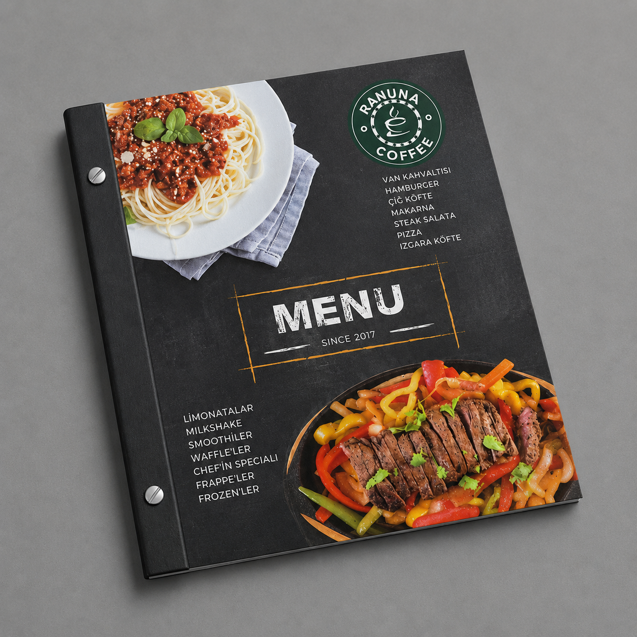 Vidalı menü, sıvama menü, ahşap menü, kalın kapaklı menü, restoran menüsü, Sayfaları kolayca değiştirilebilen, lüks ve kalın sıvama kapaklı vidalı restoran menüsü detay görünümü